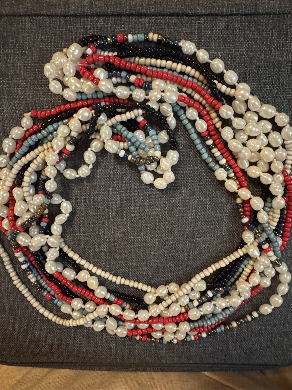 24” Multistrand Pearl & Seed Bead Necklace in White, Red, Black, Blue